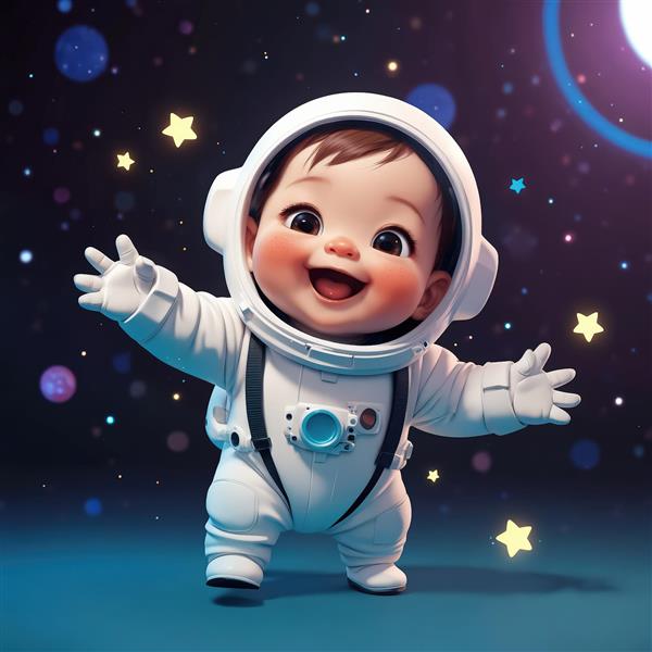 طرح گرافیکی کودک فضانورد شاد با زمینه آبی اقیانوسی و سیارات رنگی برای چاپ تابلو