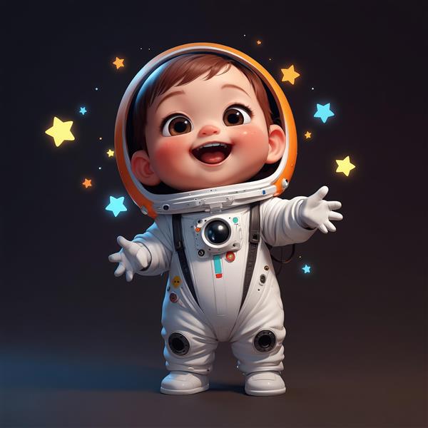 دانلود عکس باکیفیت کودک خندان فضانورد با کلاه نارنجی و درخشش ستاره‌ها