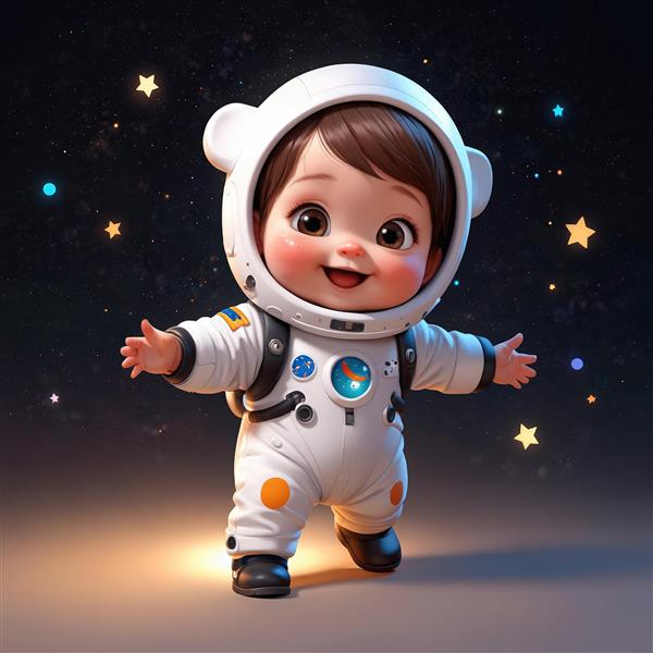 تصویر فانتزی کودک فضانورد در حال قدم زدن با پس‌زمینه کهکشان و ستارگان
