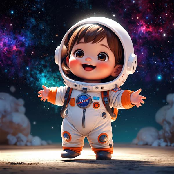 کودک فضانورد شاد با لباس نارنجی و پس‌زمینه کهکشان و شهاب سنگ‌های فضایی