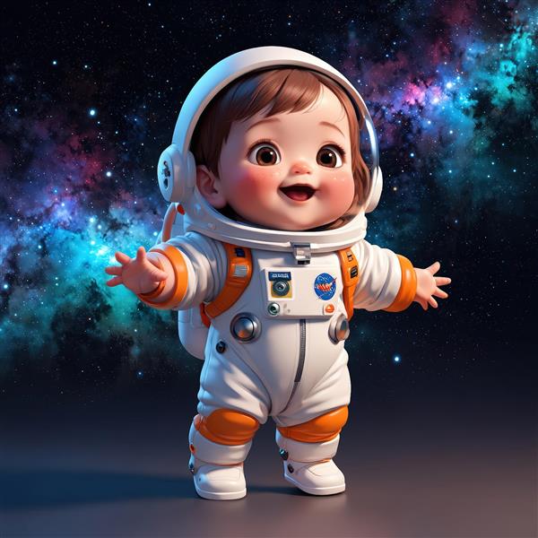 وکتور کودک فضانورد شاد با لباس نارنجی و کهکشان راه شیری آبی و بنفش در پشت سر