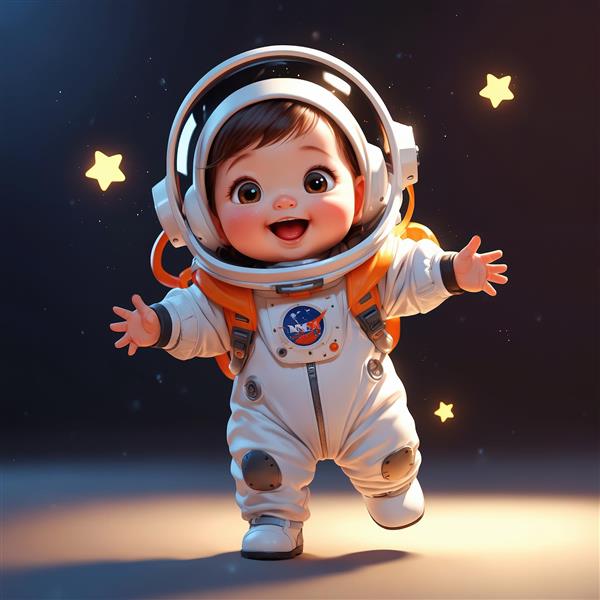 تصویر کودک فضانورد بامزه در حال دویدن با لباس نارنجی و کوله پشتی و ستاره‌های زرد