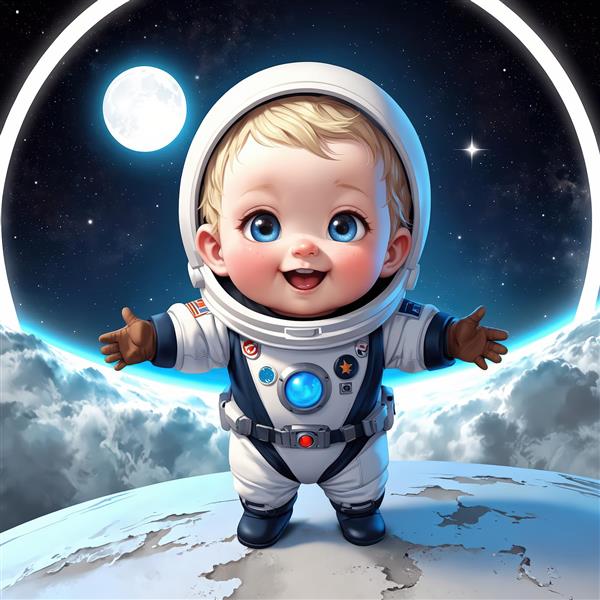 کودک فضانورد بلوند با لباس نیروی فضایی ایستاده بر فراز زمین در فضا با ماه کامل