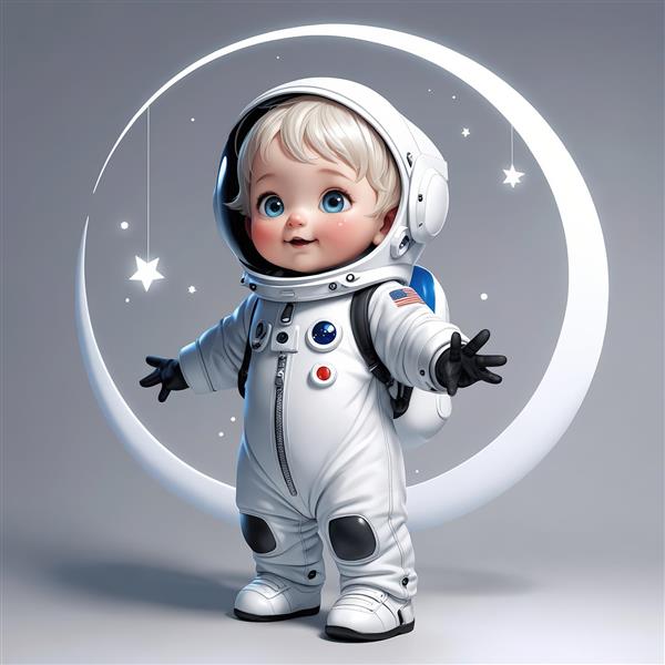 کودک فضانورد بلوند با هلال ماه سفید و ستارگان آویزان در پس‌زمینه روشن و شاد