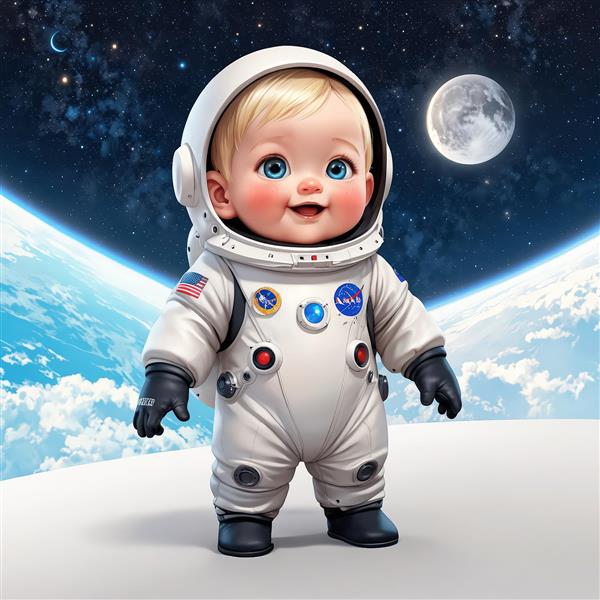 کودک فضانورد بلوند ایستاده بر فراز زمین با لباس ناسا و کره ماه در پس‌زمینه فضا