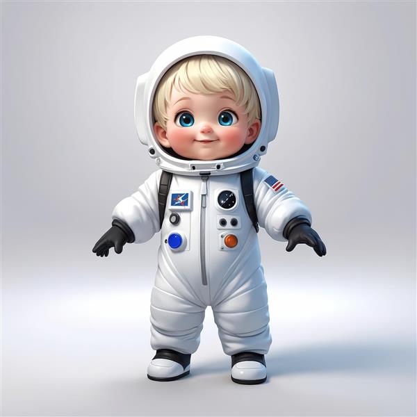 وکتور کودک فضانورد بلوند با لباس سفید و پچ‌های ناسا ایستاده در زمینه روشن