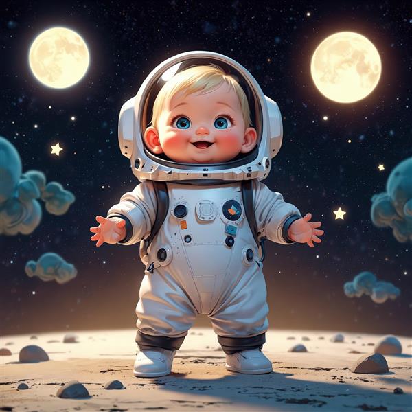کودک فضانورد بلوند ایستاده بر سطح ماه با دو کره ماه بزرگ و ستارگان در زمینه شب