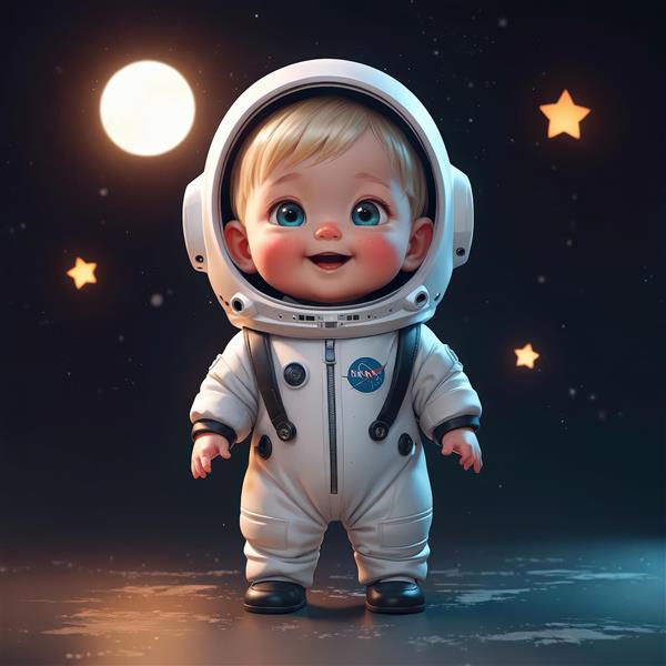 تصویر سه‌بعدی کودک فضانورد بلوند با چشم آبی و لبخند شاد در شب با ماه و ستارگان