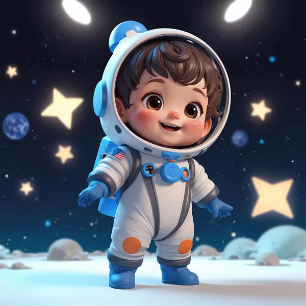 وکتور کودک فضانورد خندان با لباس سفید و آبی روی سطح سیاره با نورپردازی و ستارگان