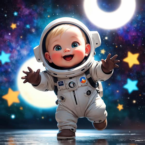 کودک فضانورد بلوند خندان با لباس فضایی در حال دویدن و ماه و ستاره‌های رنگی نئونی
