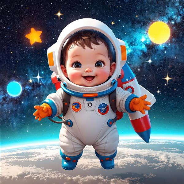 تصویر سه بعدی کودک فضانورد در فضا، بالای کره زمین با موشک پشتی و ستارگان رنگی