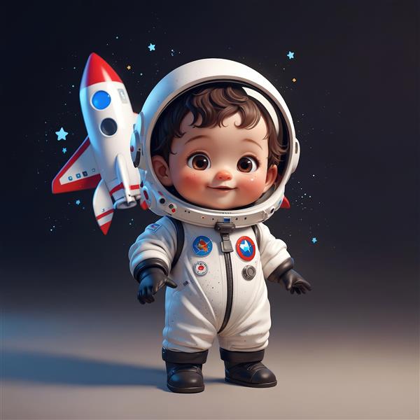 کودک فضانورد با کلاه سفید و موشک قرمز پشتی در زمینه تاریک و نورپردازی ملایم