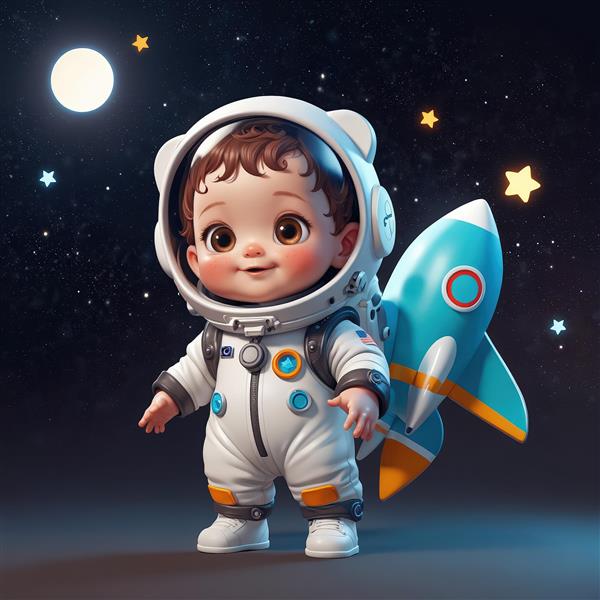 وکتور کودک فضانورد با موشک آبی پشتی، زمینه شب تاریک و ماه و ستارگان زرد