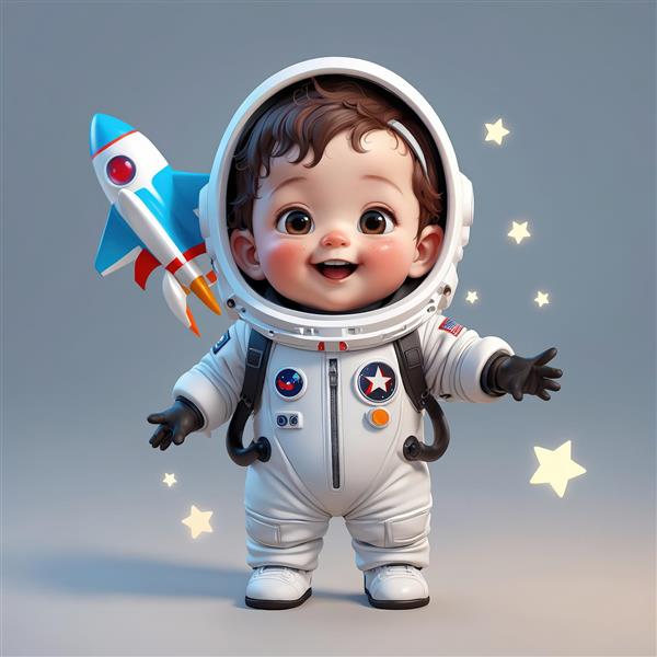 کودک فضانورد شاد با موشک آبی و قرمز پشتی و ستارگان زرد درخشان در زمینه روشن