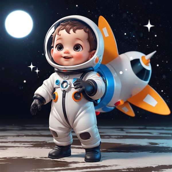تصویر سه بعدی کودک فضانورد با موشک نارنجی پشتی و کره ماه بزرگ در پس زمینه شب