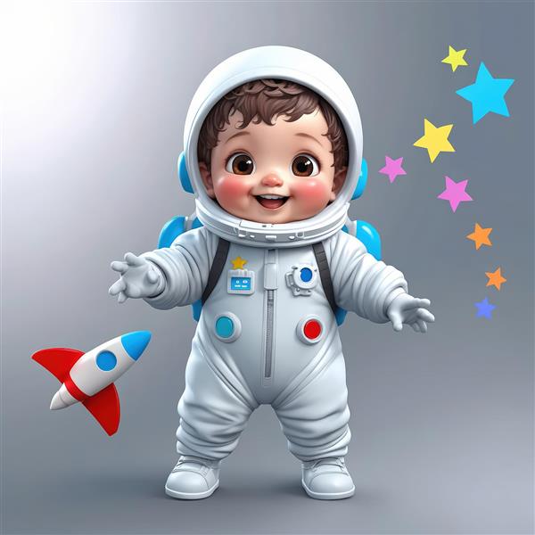 کودک فضانورد خندان با موشک کوچک در پس زمینه، ستاره‌های رنگی و لباس سفید