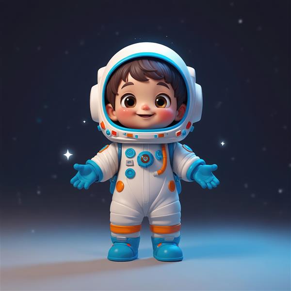 وکتور کودک فضانورد با لباس سفید و آبی در حال خوشحالی و استقبال با زمینه تیره