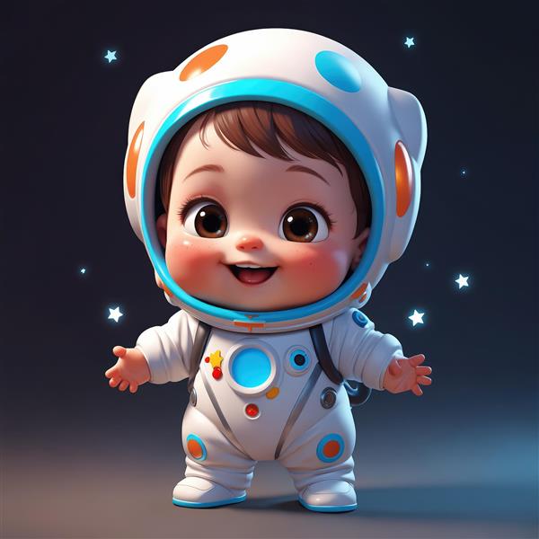 تصویر کودک فضانورد خندان با لباس سفید و کلاه با لبه آبی و خال‌های نارنجی و آبی