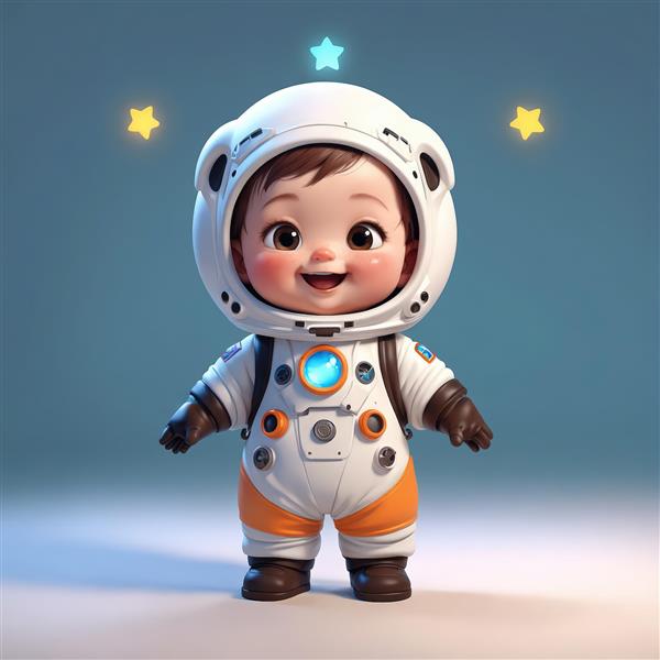 وکتور سه بعدی کودک فضانورد بامزه با لباس نارنجی و کوله پشتی و دو ستاره درخشان