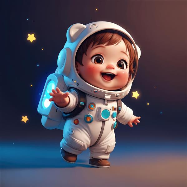 تصویر سه‌بعدی کودک فضانورد بامزه با کوله پشتی نورانی و ستاره‌های زرد در شب