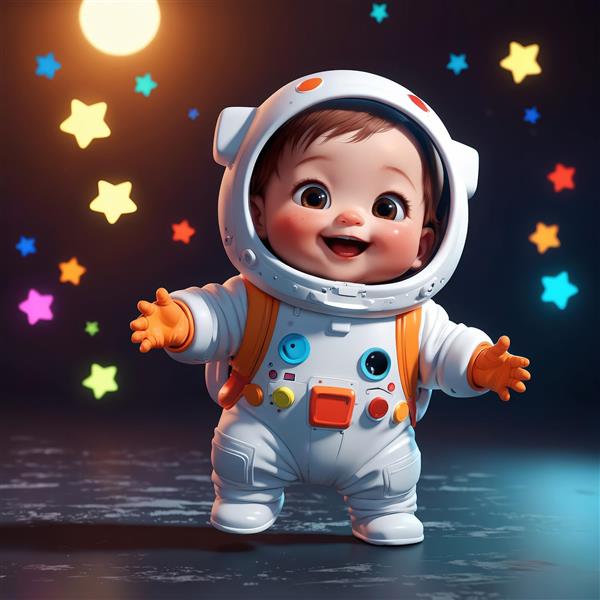 وکتور کودک فضانورد با لباس سفید و دستکش نارنجی در شب با ماه و ستارگان رنگی