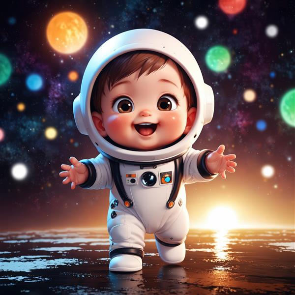 کودک فضانورد در فضا با لباس سفید، سیارات رنگی و طلوع خورشید گرافیکی سه‌بعدی