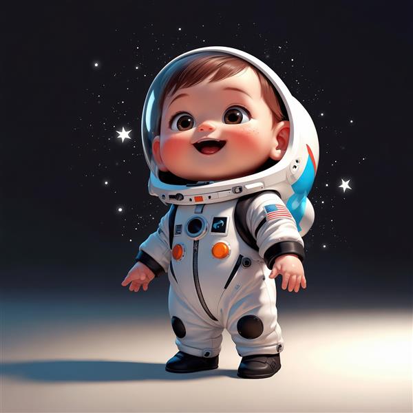 کودک فضانورد خندان در لباس فضایی سفید با زمینه تیره و ستارگان براق گرافیکی