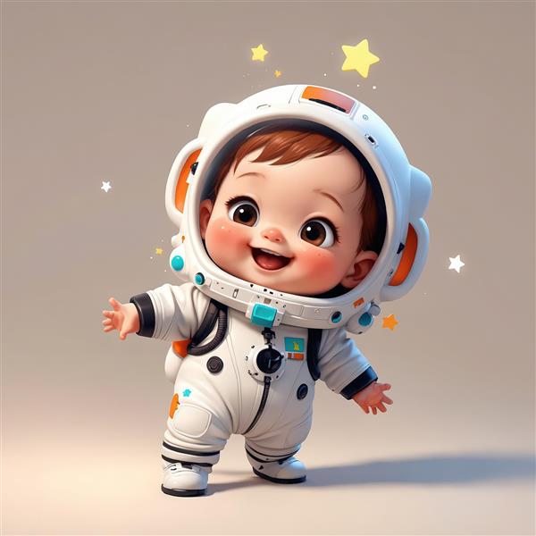 تصویر سه‌بعدی نزدیک کودک فضانورد خندان با کلاه فضایی بزرگ و پس‌زمینه روشن