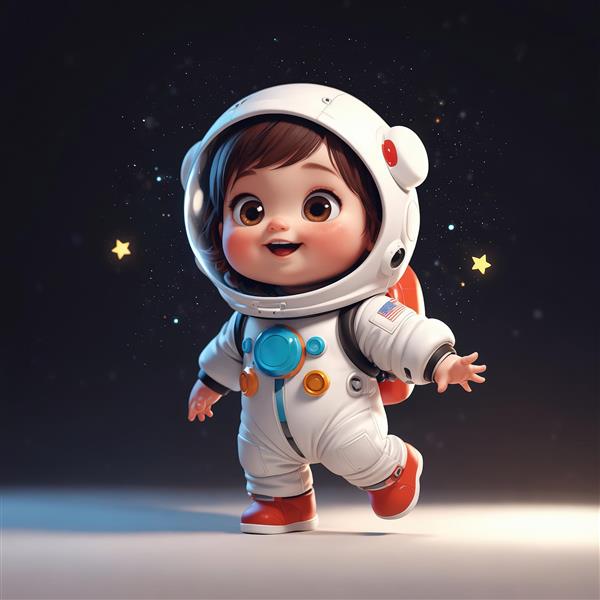 وکتور کودک فضانورد در حال قدم زدن روی زمین تیره با لباس سفید و چکمه قرمز و ستاره