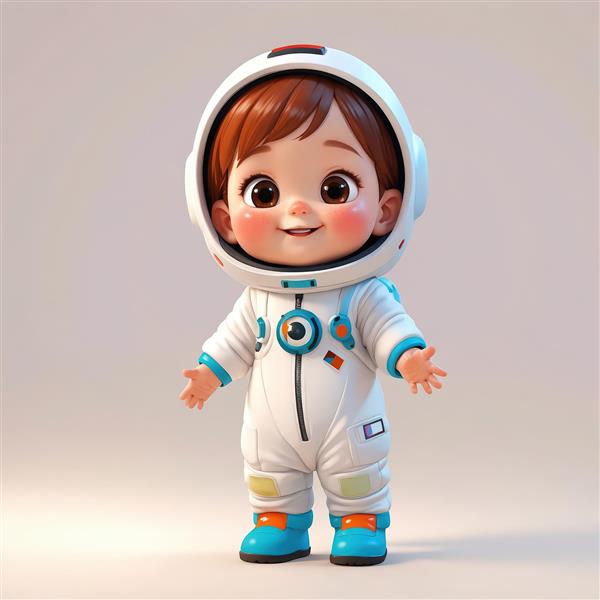 تصویر سه‌بعدی کودک فضانورد بامزه با لباس سفید و پوتین آبی ایستاده با پس‌زمینه ساده