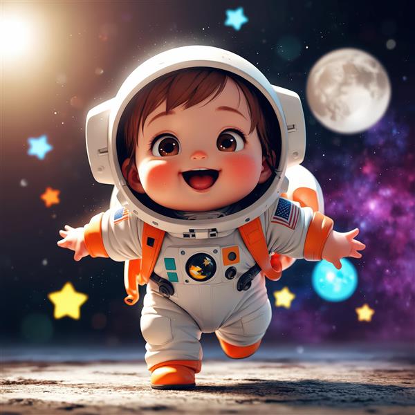 کودک فضانورد بانمک با لباس و کوله نارنجی در فضا، ماه و ستارگان رنگی روشن