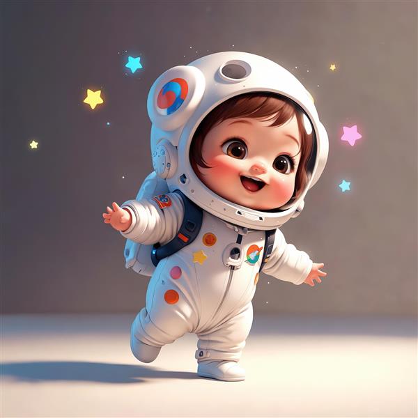 وکتور کودک فضانورد شاد با کلاه سفید و لباس سفید در حال پرواز و ستاره‌های رنگارنگ