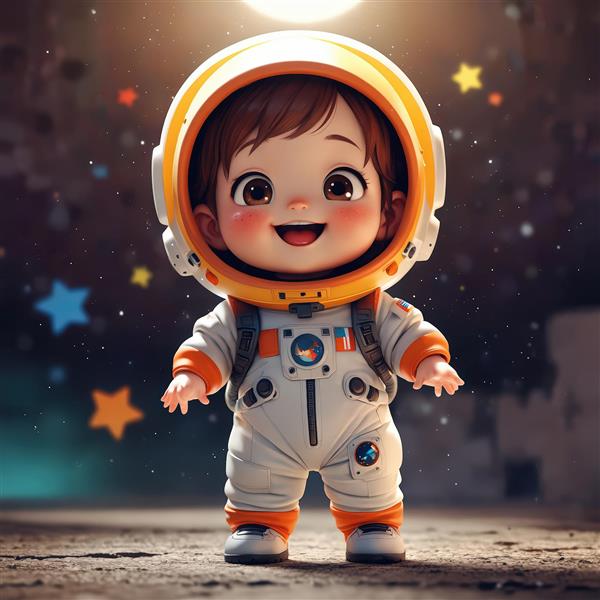 وکتور سه‌بعدی کودک فضانورد بامزه با لباس و کلاه نارنجی در فضا و ستارگان رنگی