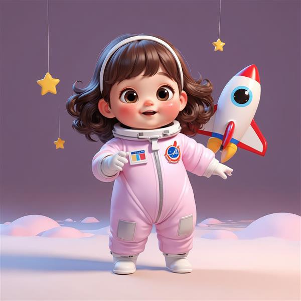 عکس سه‌بعدی دختر فضانورد با کلاه نارنجی و زمینه کهکشان رنگی (پوستر دکوراتیو)