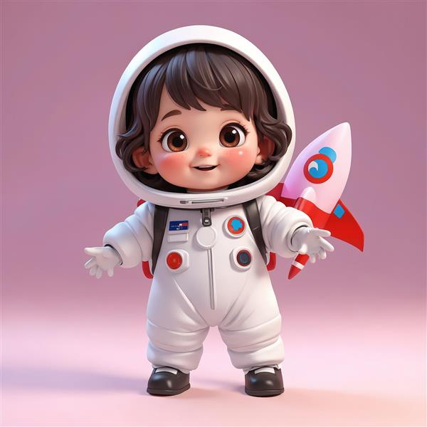 تصویر وکتور دختر فضانورد در حال پرواز بالای سیاره با لباس صورتی و سفینه (لارج فرمت)