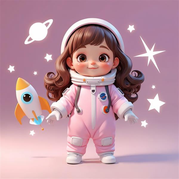 کاراکتر دختر فضانورد با موهای فرفری و لباس صورتی با موشک کوچک کنار سیاره (طرح شاد)