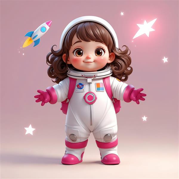 تصویر اورجینال دختر فضانورد با موهای دم‌اسبی و موشک قرمز در دست (بک‌گراند صورتی)