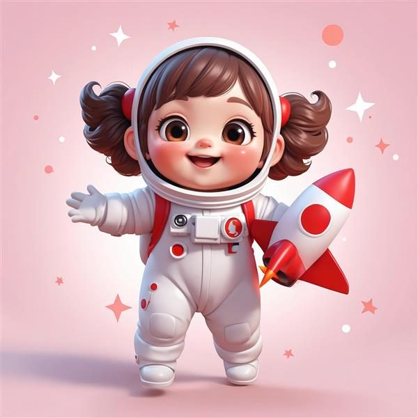 دانلود عکس استوک دختر فضانورد با کلاه خرسی و پس‌زمینه ستاره‌ای صورتی (کیفیت بالا)