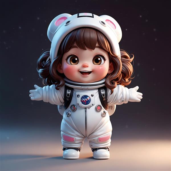 تصویر سه‌بعدی دختر فضانورد خندان با موشک بازی در دست (طرح پرفروش دکوراتیو)