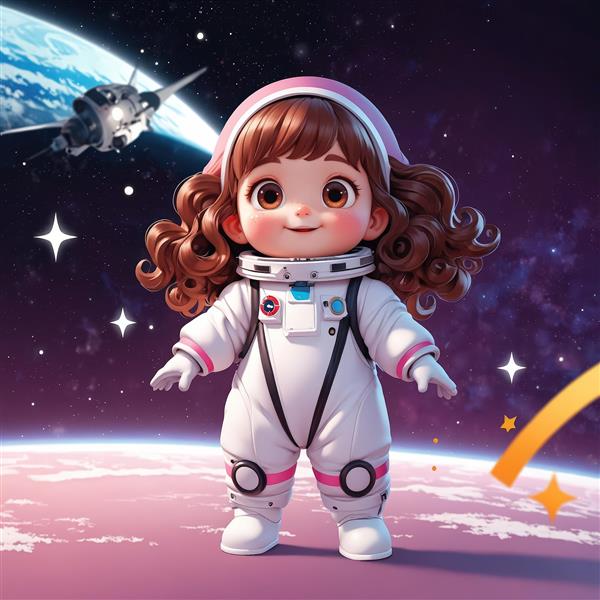 تصویر اورجینال دختر فضانورد با موهای فرفری در سیاره صورتی و سفینه فضایی (والپیپر فضایی)