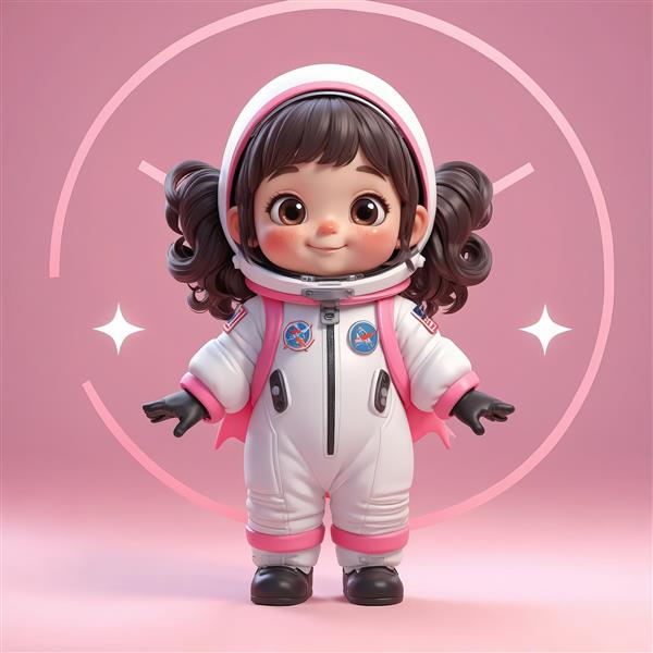 کاراکتر دختر فضانورد با موهای دم‌اسبی در قاب دایره‌ای صورتی (مناسب پروفایل و لوگو)