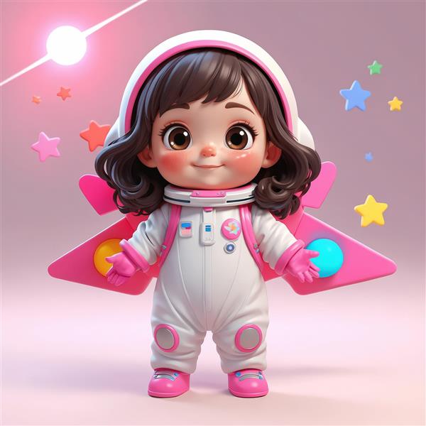 تصویر لارج فرمت دختر فضانورد با بال موشکی صورتی و ستاره‌های رنگی (دکوراسیون اتاق کودک)