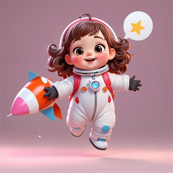 پوستر کودکانه دختر فضانورد در حال دویدن با موشک و حباب ستاره‌ای (طرح سه‌بعدی)