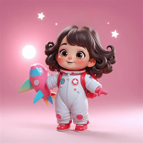 دانلود عکس استوک دختر فضانورد با موشک صورتی و کوله‌پشتی در بک‌گراند ساده (کیفیت بالا)