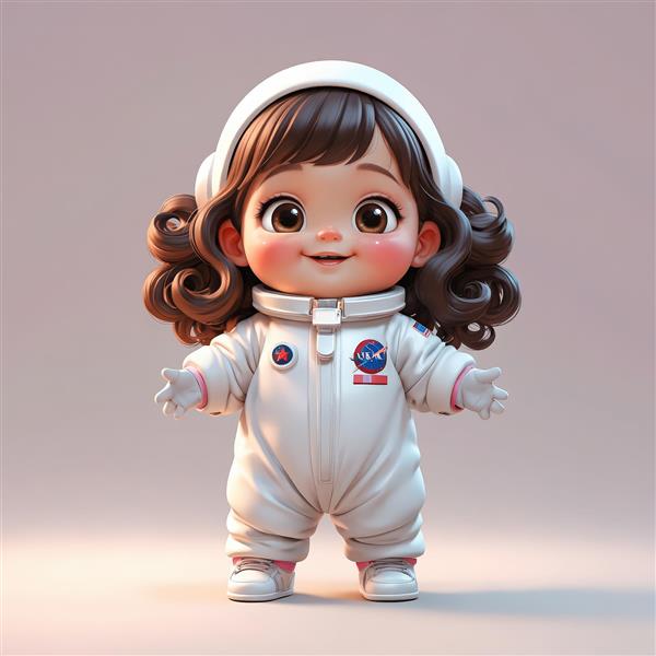 تصویر وکتور دختر فضانورد بدون کلاه با موهای فر و لباس سفید و صورتی (مناسب چاپ عریض)