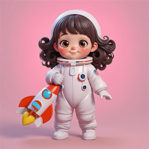 عکس باکیفیت کاراکتر دختر فضانورد در حال نگه داشتن موشک با لباس سفید و صورتی (اورجینال)