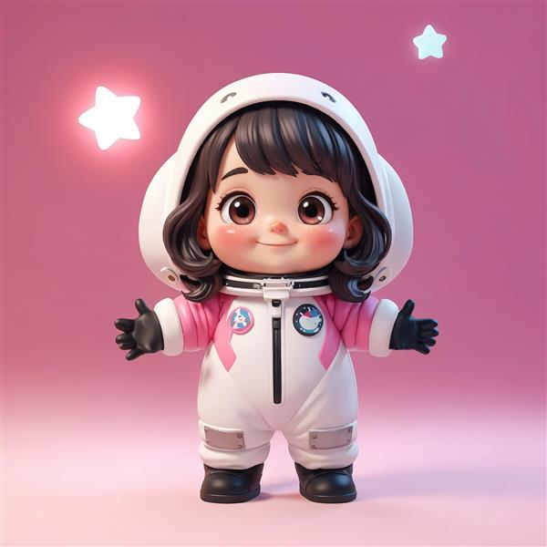 تصویر وکتور دختر فضانورد در لباس سفید با سینه صورتی و دستکش مشکی (چاپ عریض)