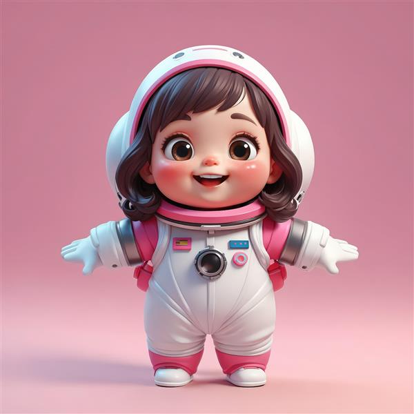 دانلود عکس سه‌بعدی دختر فضانورد در لباس سفید و صورتی با بک‌گراند تک‌رنگ