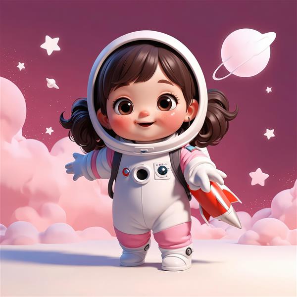 تصویر باکیفیت دختر فضانورد با موشک و سیاره در آسمان ابری صورتی (طراحی دکوراتیو)