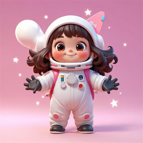 عکس اورجینال دختر فضانورد با موهای فرفری در کلاه با جزئیات صورتی (بک‌گراند ساده)